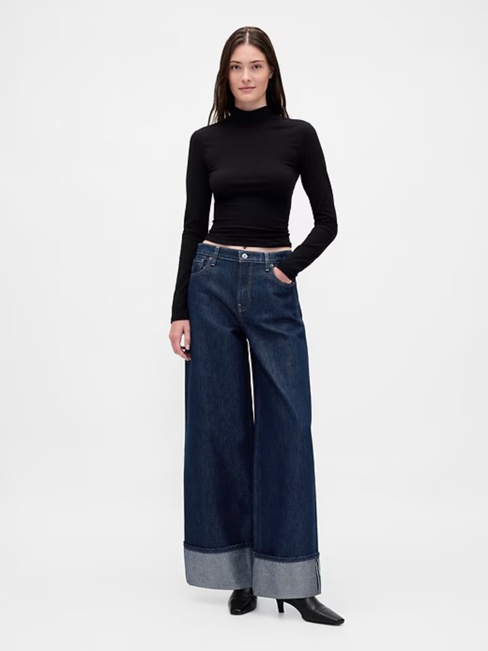 Women's Mid Rise Metallic Cuffed Baggy Jeans (Medium Indigo)